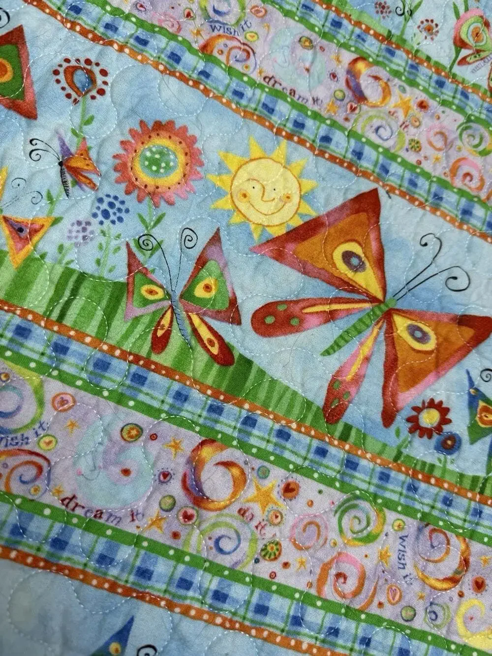 Handmade Baby/Toddler Quilt.  50”x39” Butterflies, Sunshine, multi-color